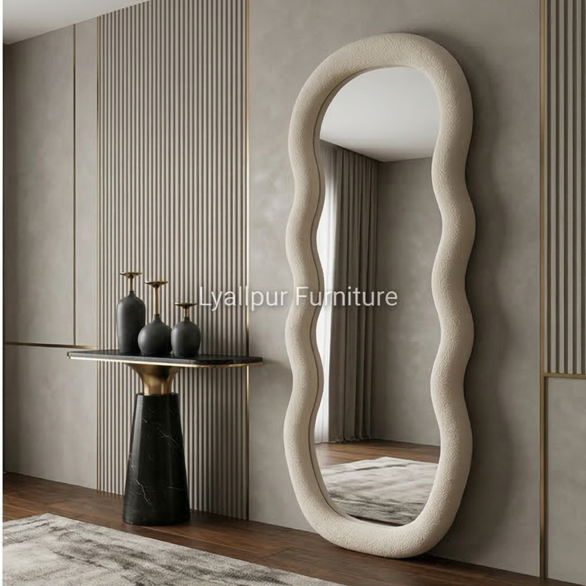 Ivory Bouclé Wavy Floor Mirror