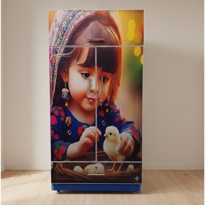 Kids Doll Printed Wardrobe | 2 Door Cupboard with Top Storage & Drawer