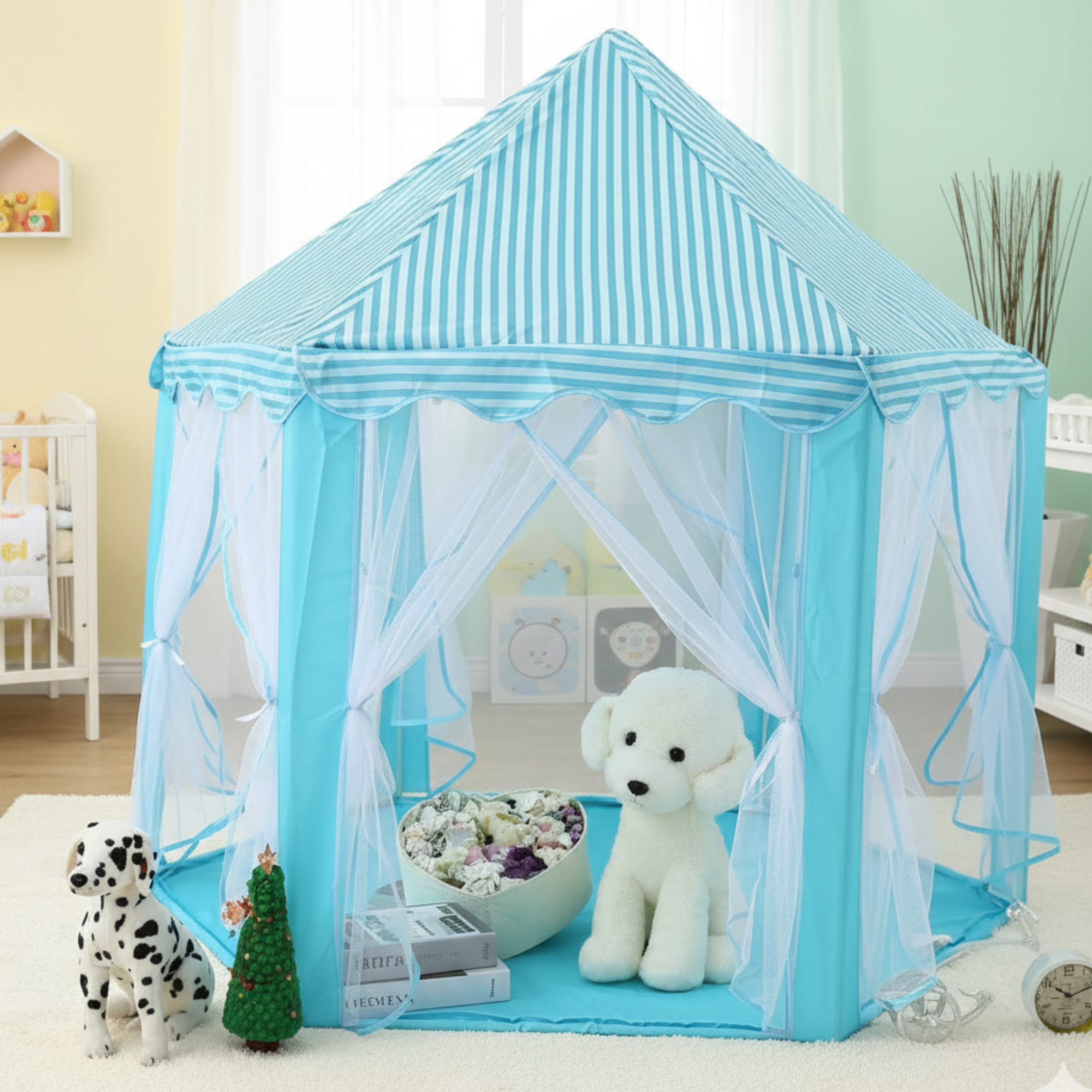 Kids Play Tent House with Net Curtains – Blue Princess Style Indoor Play Tent (140×140×135 cm)