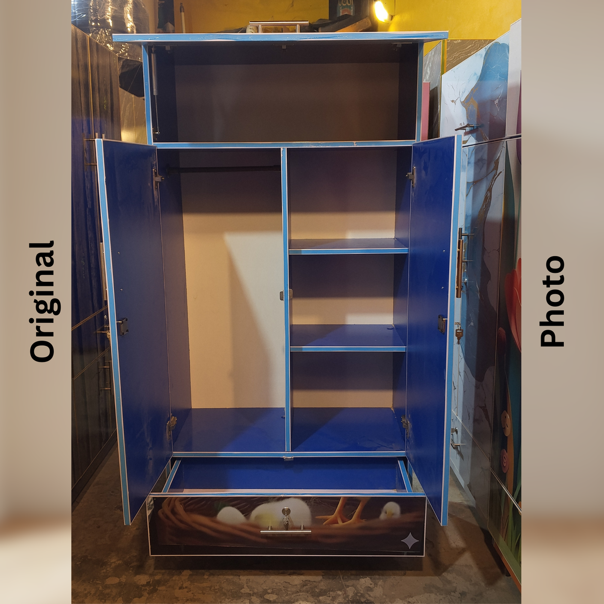 Kids Doll Printed Wardrobe | 2 Door Cupboard with Top Storage & Drawer