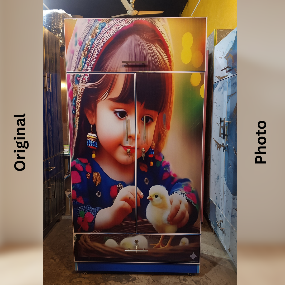 Kids Doll Printed Wardrobe | 2 Door Cupboard with Top Storage & Drawer