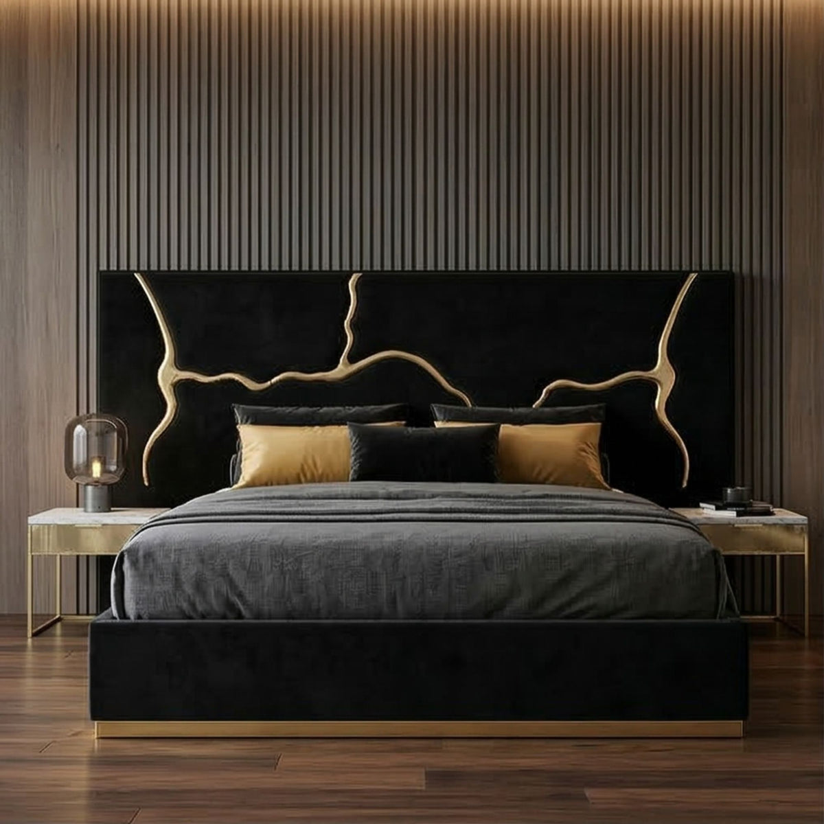 Luxury Velvet Bed – Gold Accent Bed