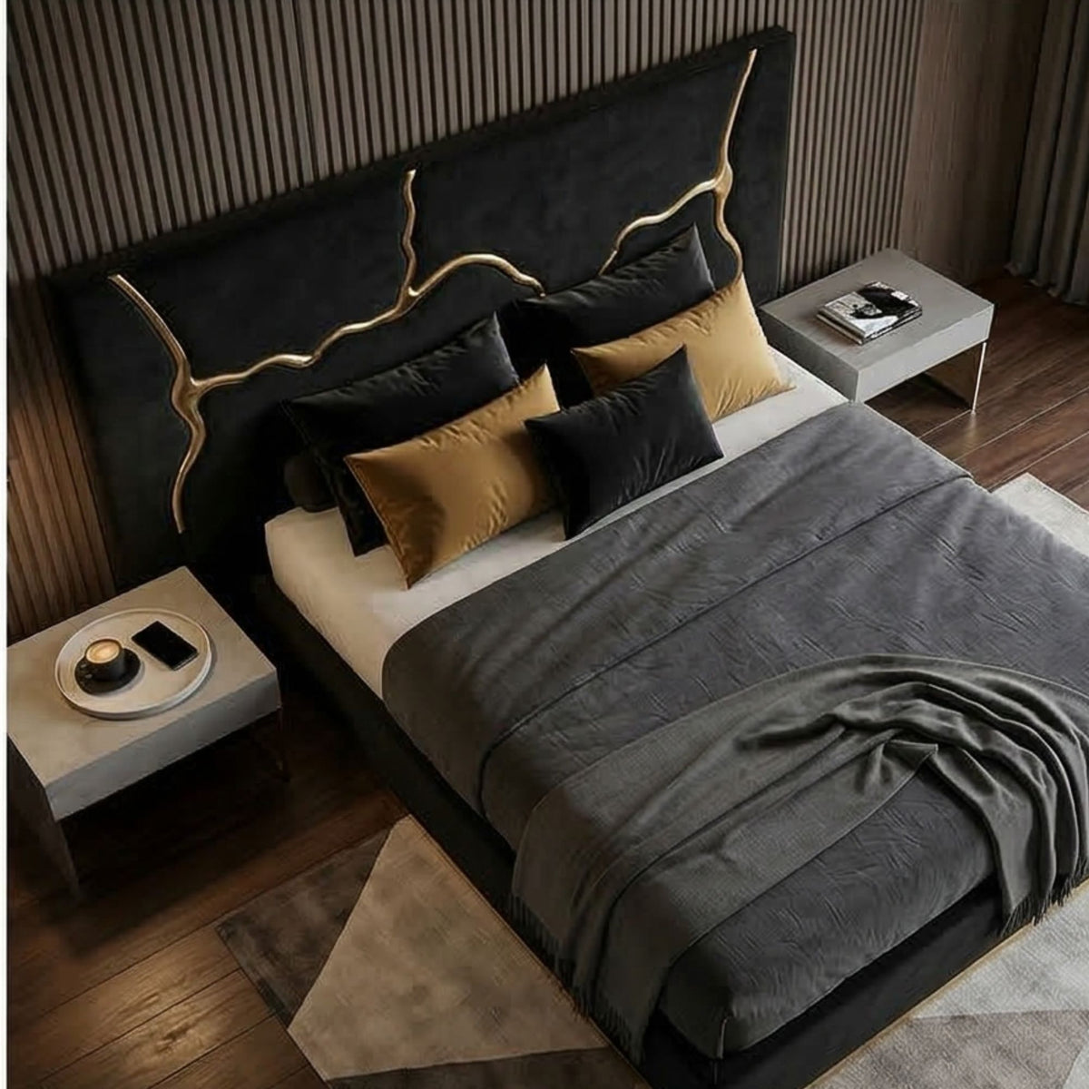 Luxury Velvet Bed – Gold Accent Bed