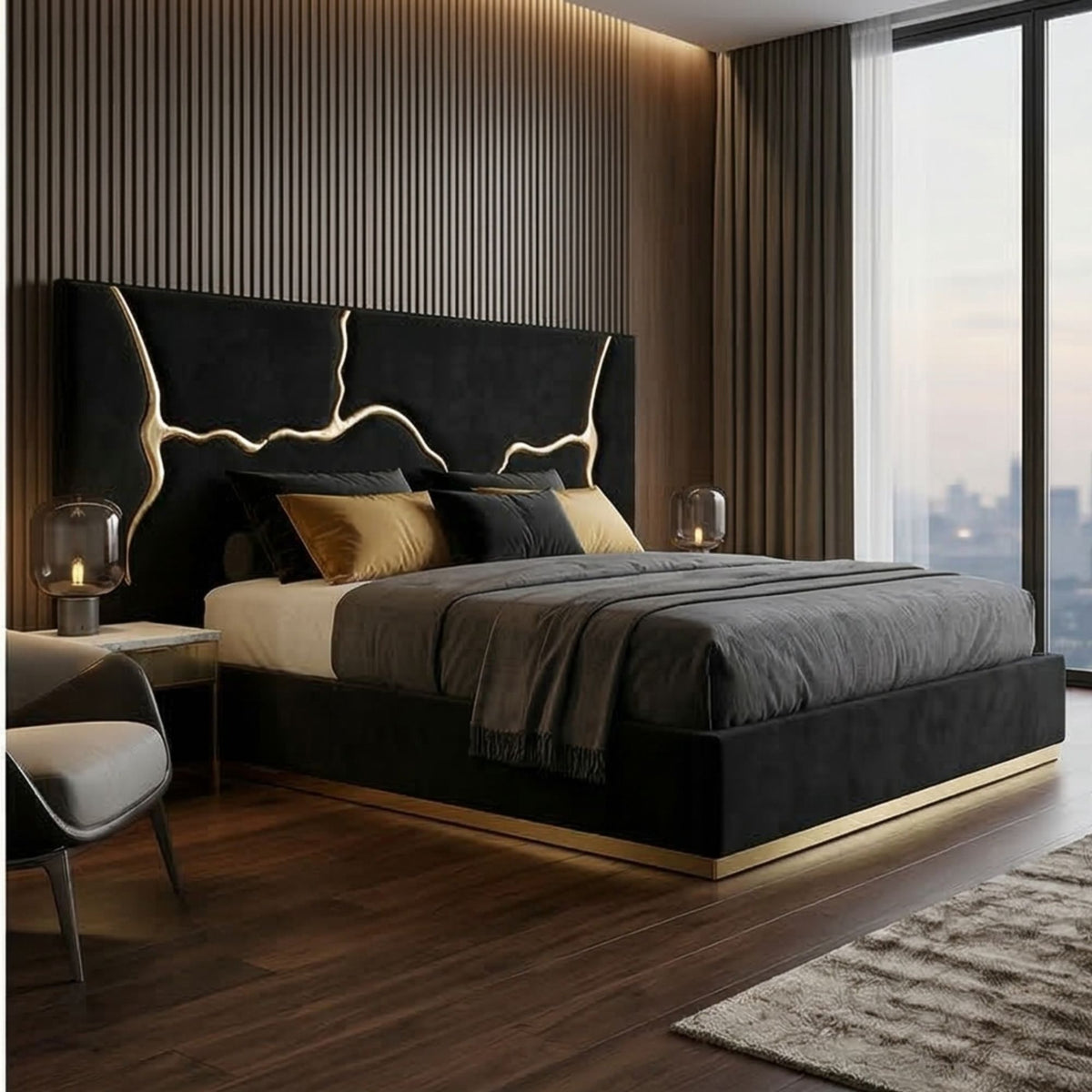 Luxury Velvet Bed – Gold Accent Bed