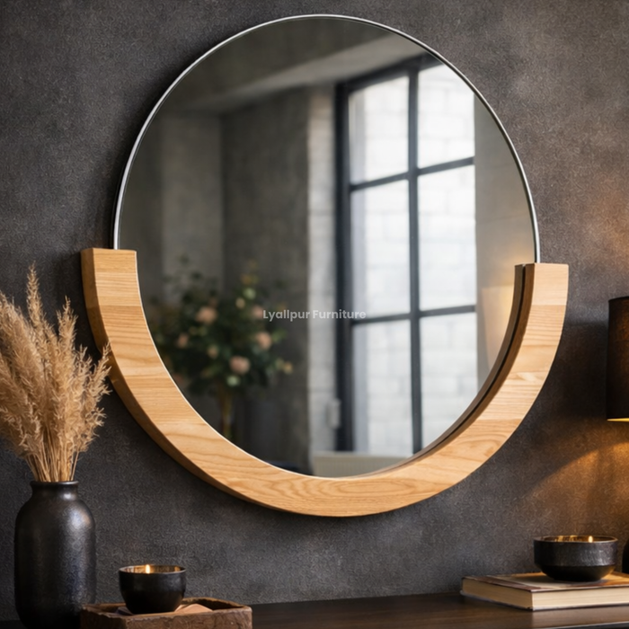 Modern Round Wall Mirror – Wooden Frame