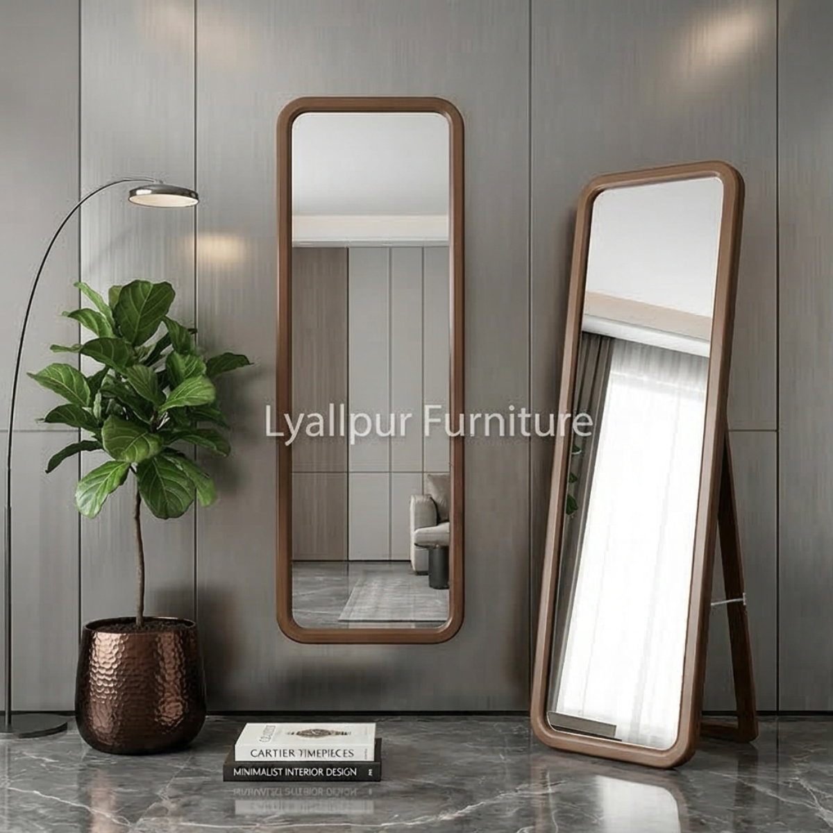 Modern Walnut Rounded Full-Length Mirror