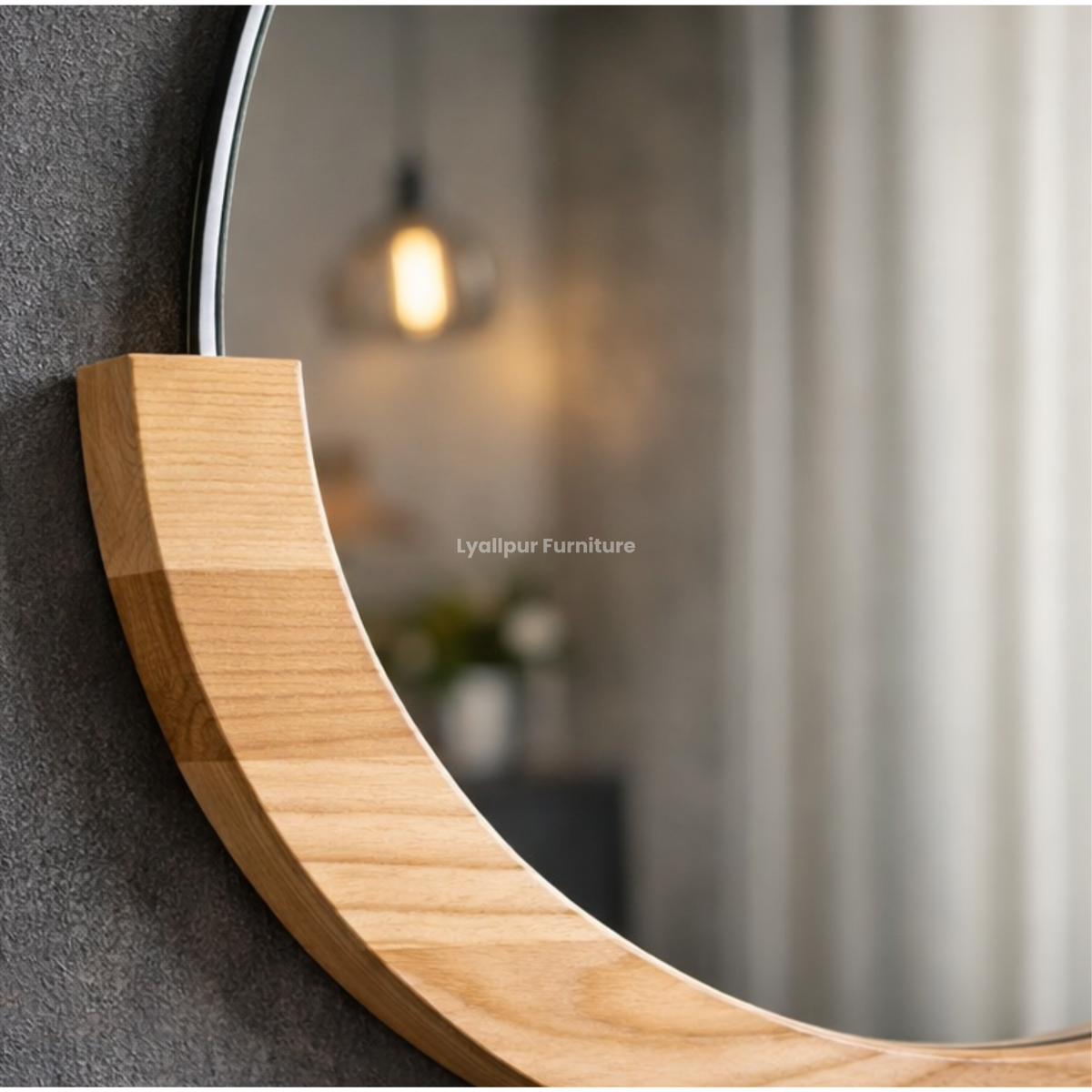 Modern Round Wall Mirror – Wooden Frame