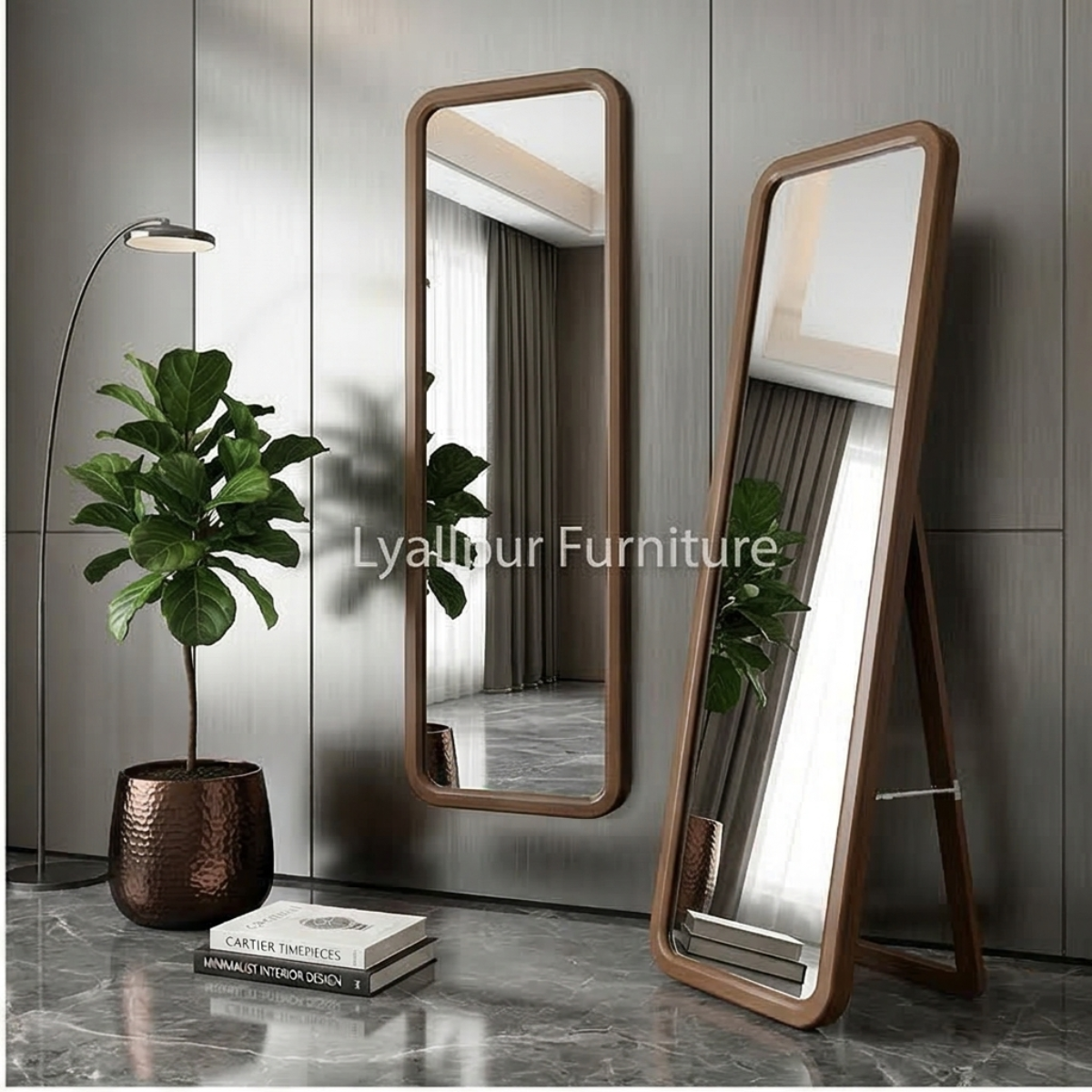 Modern Walnut Rounded Full-Length Mirror
