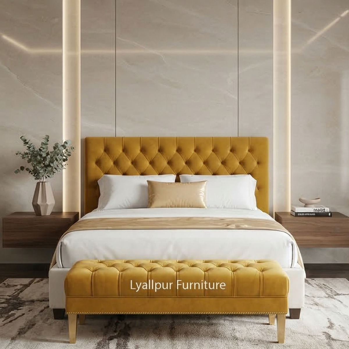 Mustard Chesterfield Bed & Bench Set
