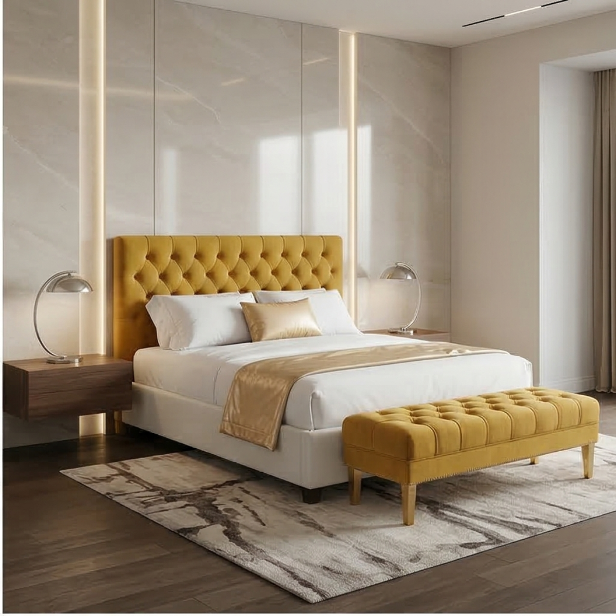 Mustard Chesterfield Bed & Bench Set