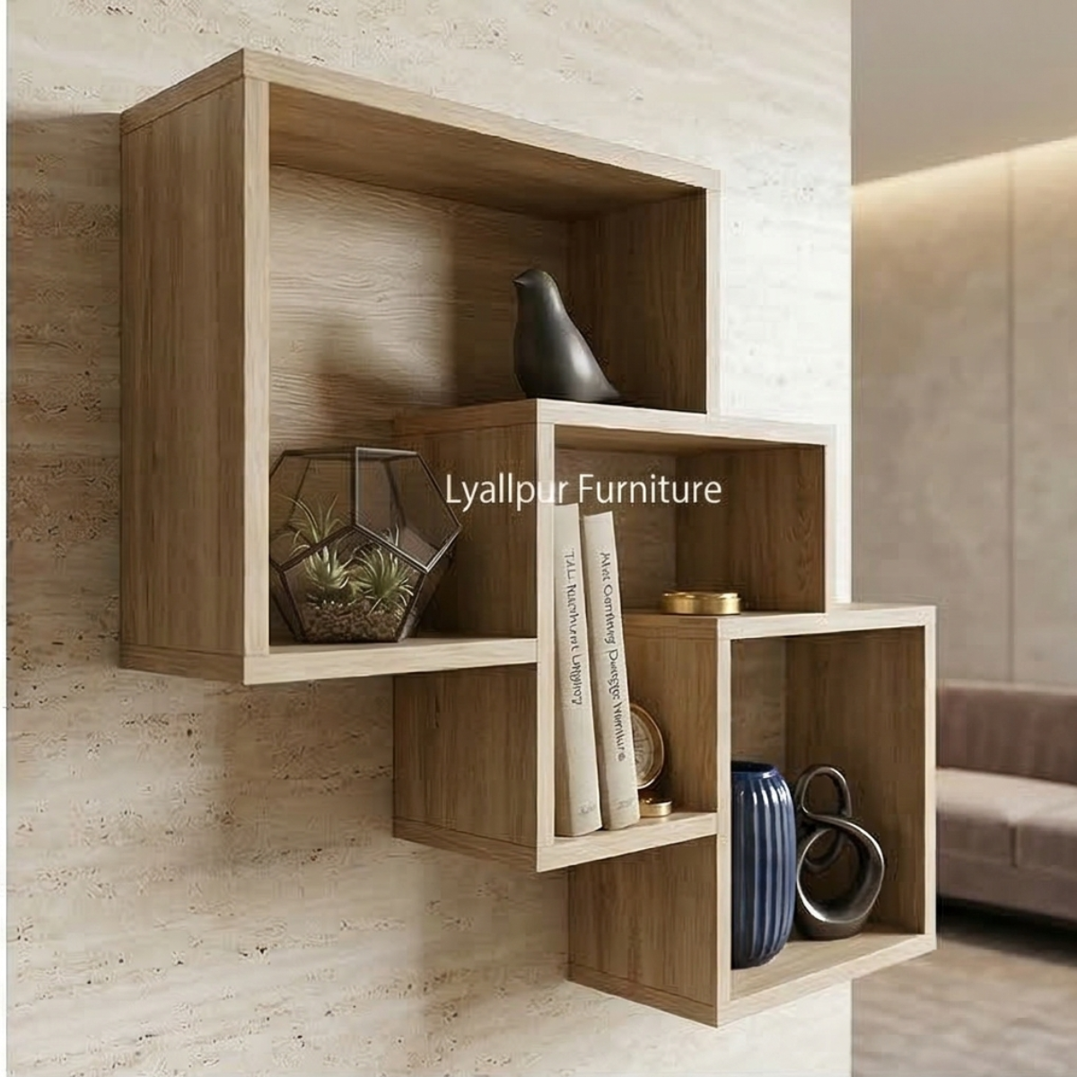 Oak Triple Cube Wall Shelf