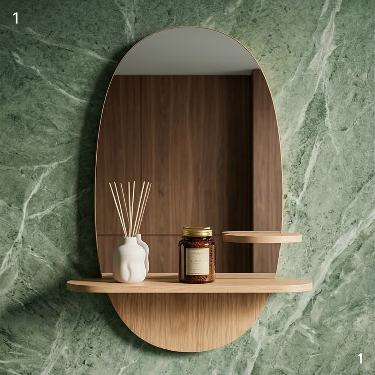 Oval Mirror with Integrated Oak Shelf
