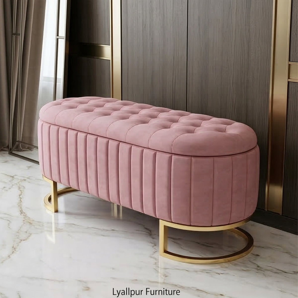 Pink Velvet Ottoman Bench