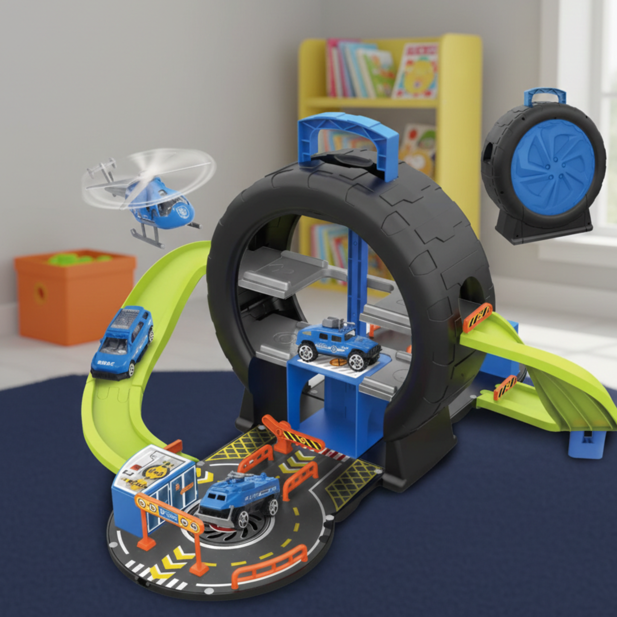 Portable Wheel Police Parking Garage Toy Set – Kids Car Track Playset with 4 Vehicles & Helicopter (3+ Years)