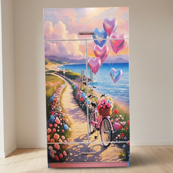 Romantic Heart Balloon Art Printed Wardrobe | 2 Door Cupboard with Drawer (5.3ft)