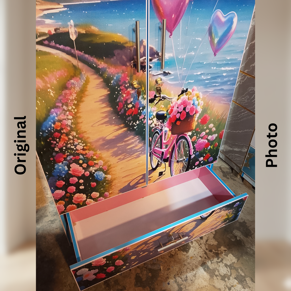 Romantic Heart Balloon Art Printed Wardrobe | 2 Door Cupboard with Drawer (5.3ft)