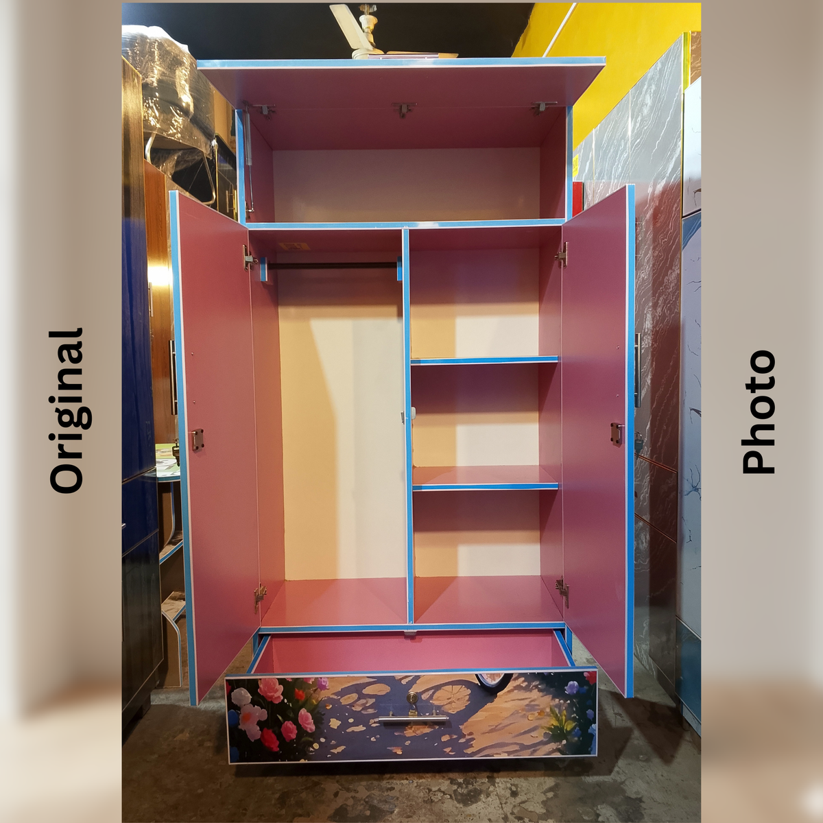 Romantic Heart Balloon Art Printed Wardrobe | 2 Door Cupboard with Drawer (5.3ft)