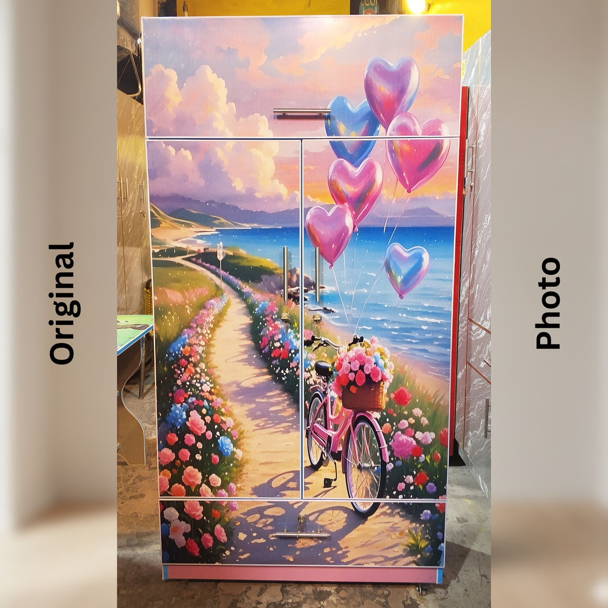 Romantic Heart Balloon Art Printed Wardrobe | 2 Door Cupboard with Drawer (5.3ft)