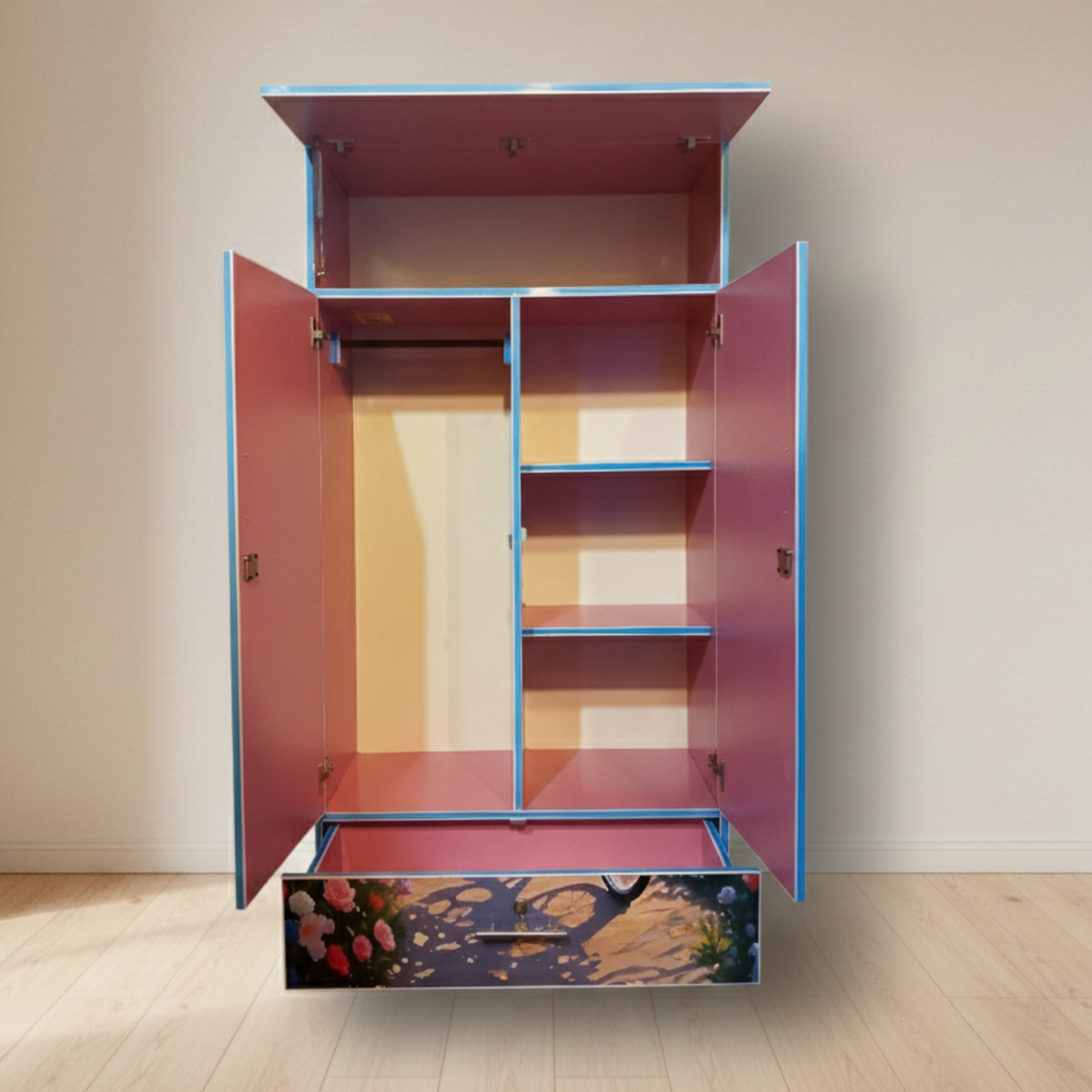 Romantic Heart Balloon Art Printed Wardrobe | 2 Door Cupboard with Drawer (5.3ft)