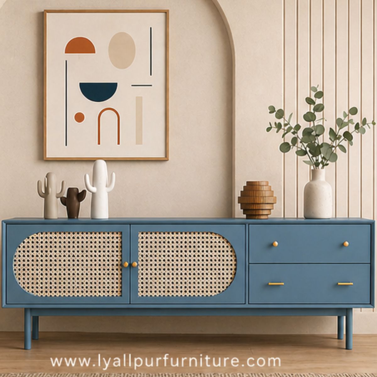 Modern Blue Cane Sideboard Console Cabinet