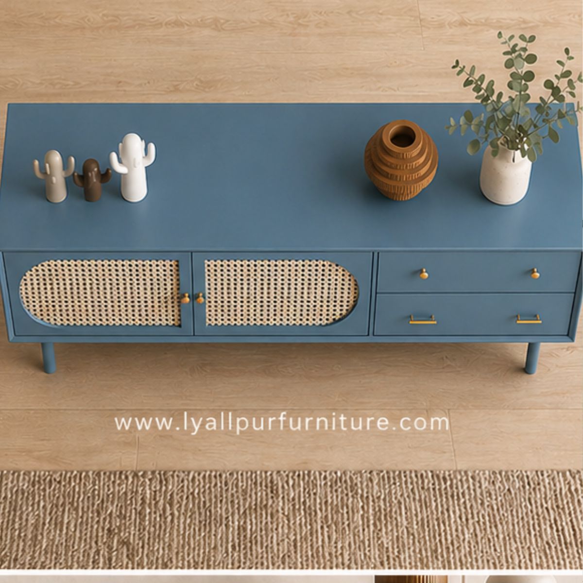 Modern Blue Cane Sideboard Console Cabinet