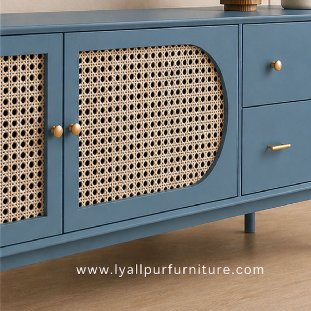 Modern Blue Cane Sideboard Console Cabinet