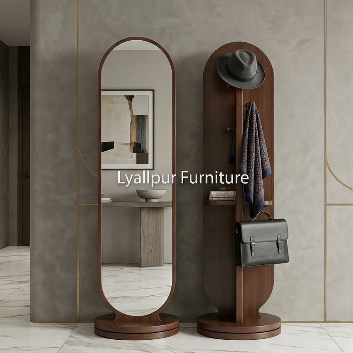 Walnut Swivel Mirror & Coat Rack