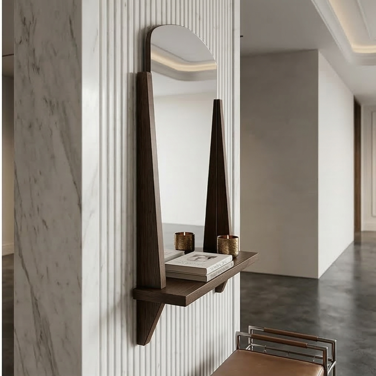 Walnut Arch Mirror with Floating Shelf