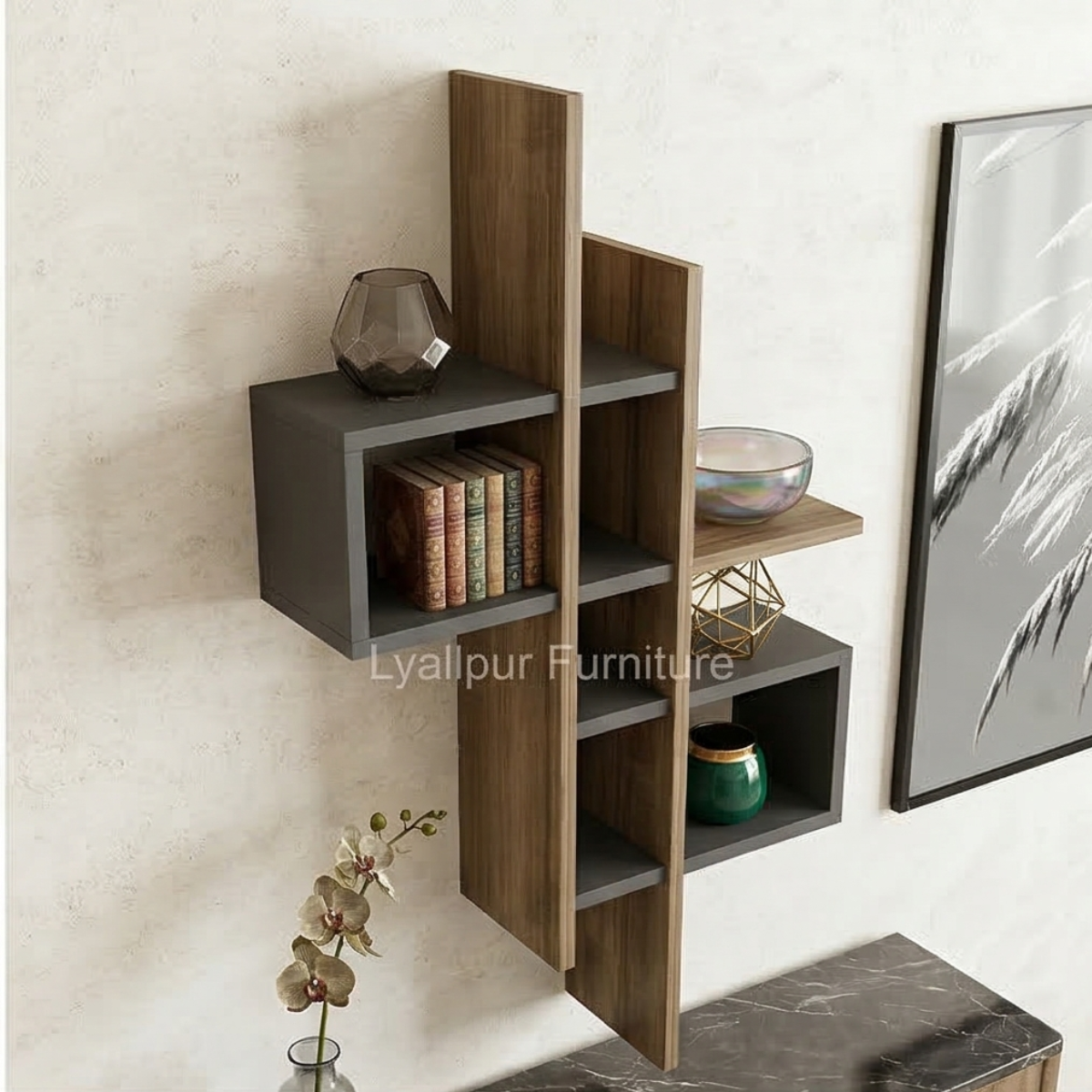 Walnut & Charcoal Geometric Shelf