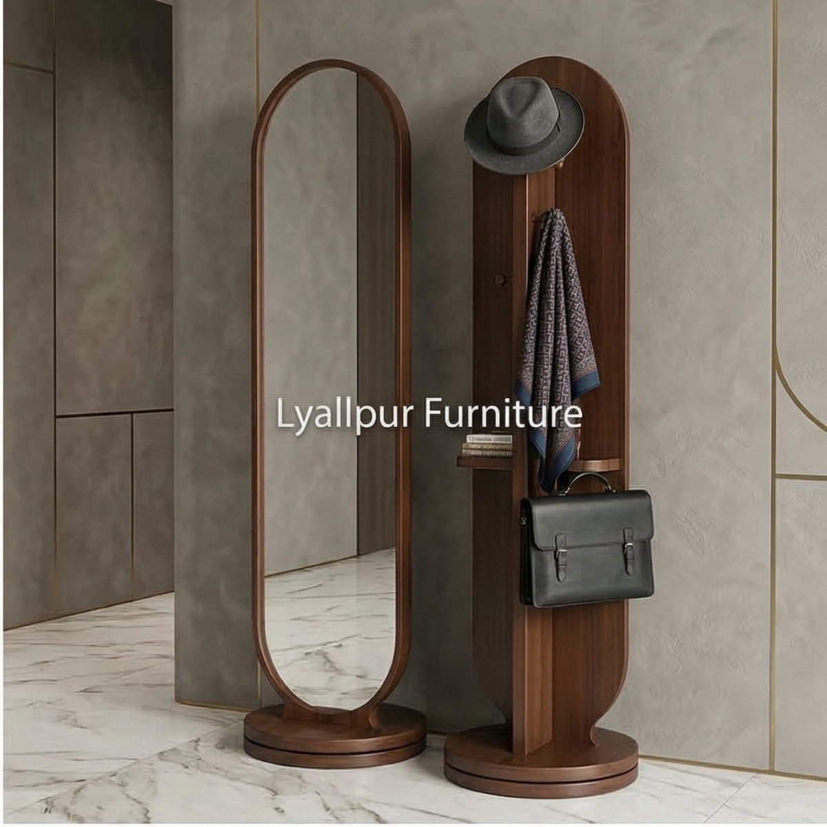 Walnut Swivel Mirror & Coat Rack