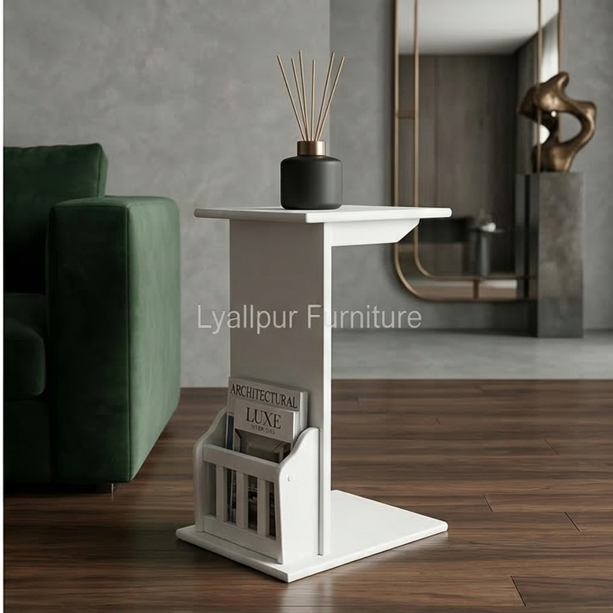 White C-Side Table with Magazine Rack