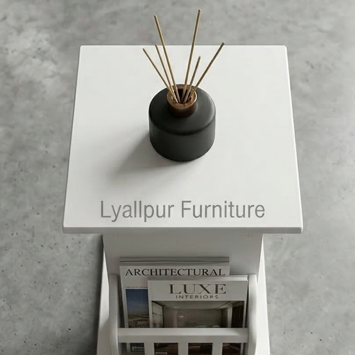 White C-Side Table with Magazine Rack