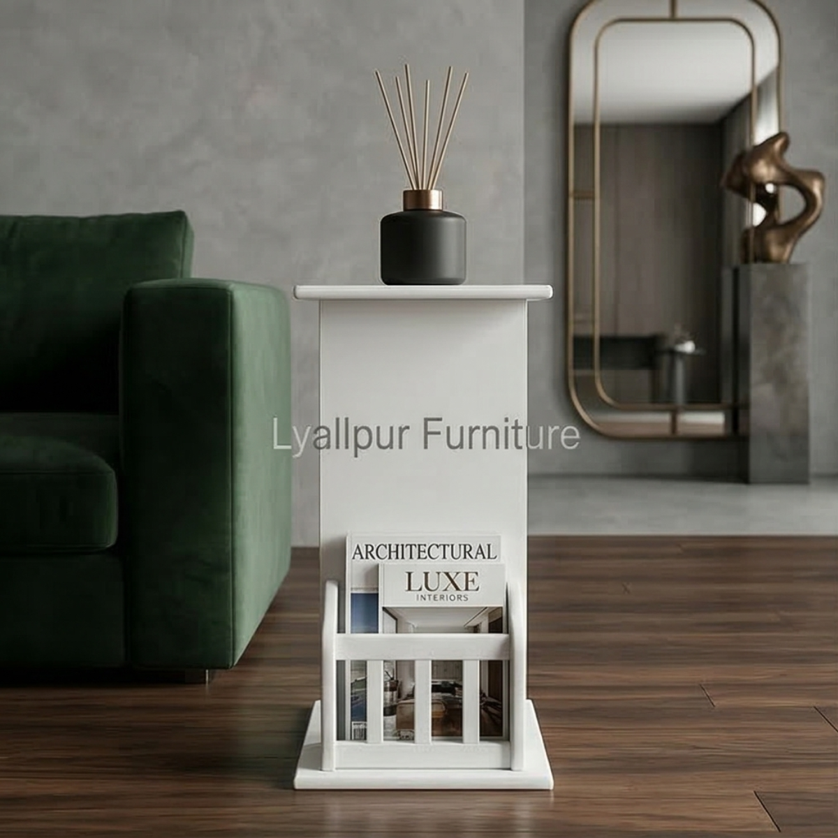White C-Side Table with Magazine Rack