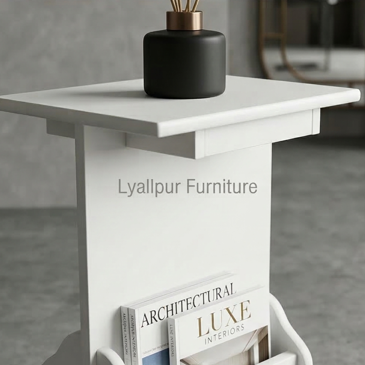 White C-Side Table with Magazine Rack