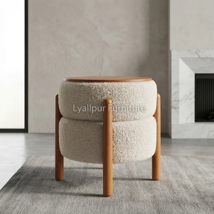 Wood Top Boucle Ottoman Stool