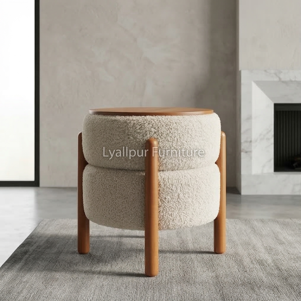 Wood Top Boucle Ottoman Stool