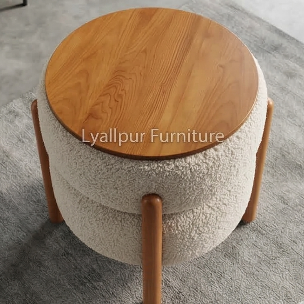 Wood Top Boucle Ottoman Stool