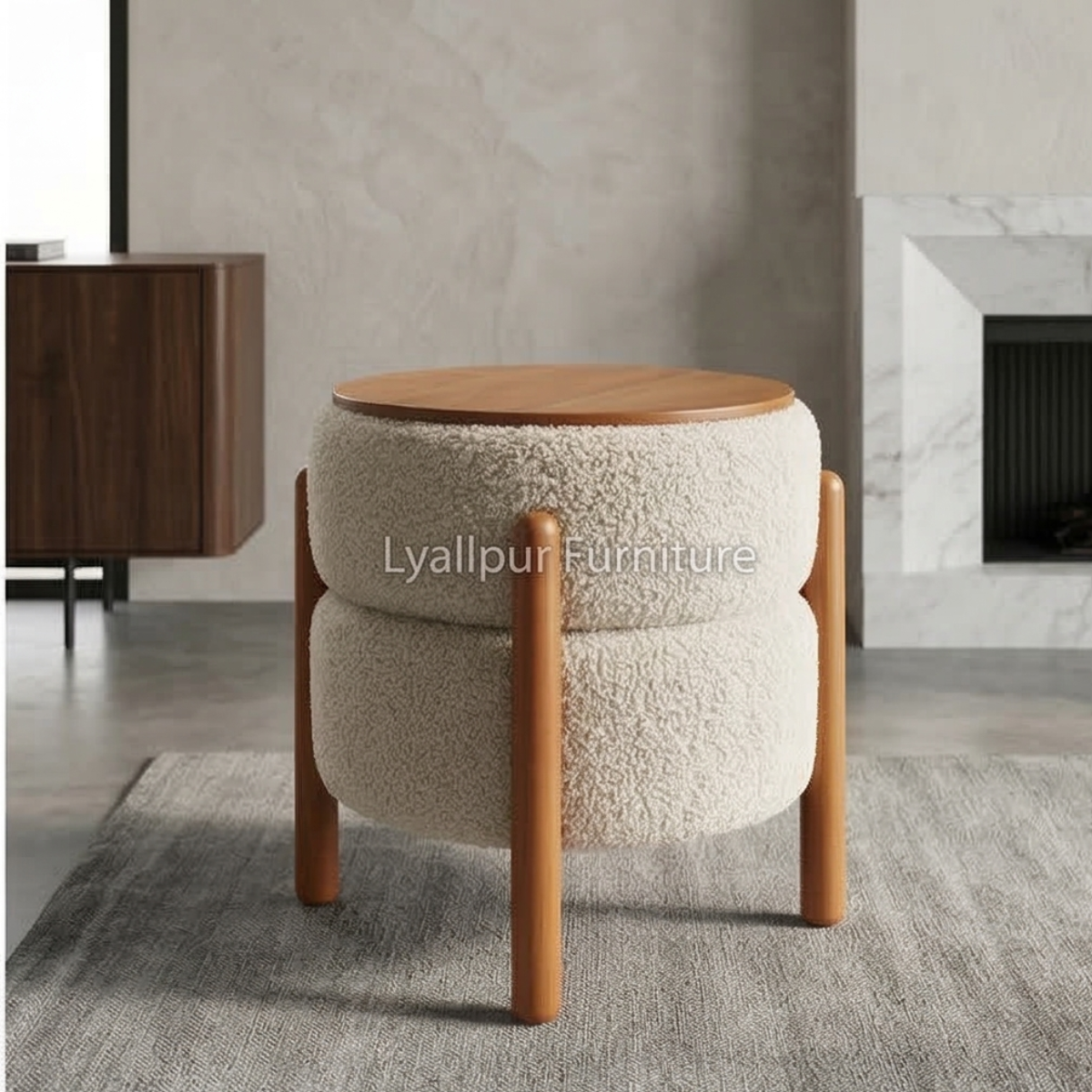 Wood Top Boucle Ottoman Stool
