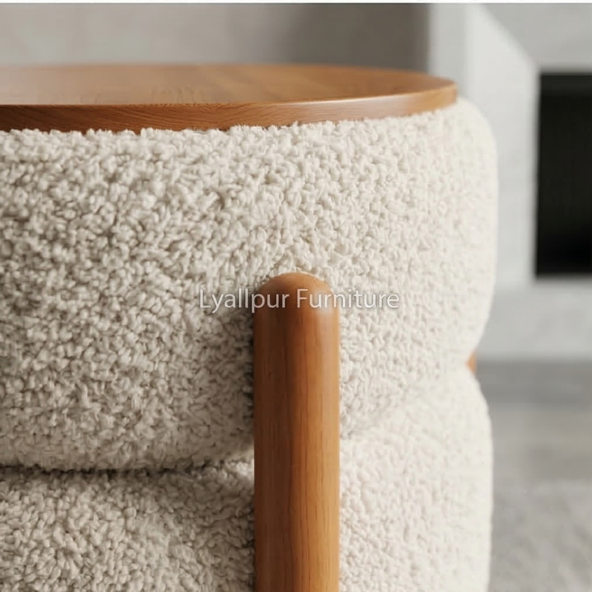 Wood Top Boucle Ottoman Stool